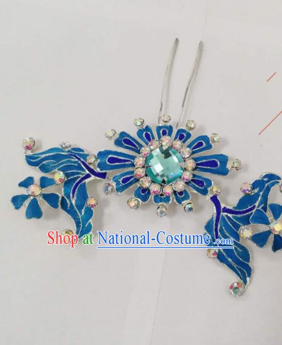 Chinese Traditional Beijing Opera Diva Hair Accessories Ancient Queen Blue Flower Hairpins for Women