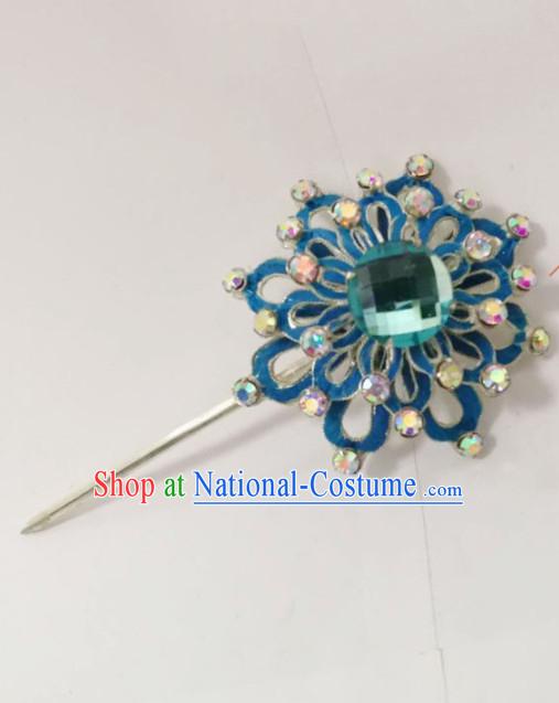 Chinese Traditional Beijing Opera Hair Accessories Ancient Queen Blue Crystal Flower Hairpins for Women