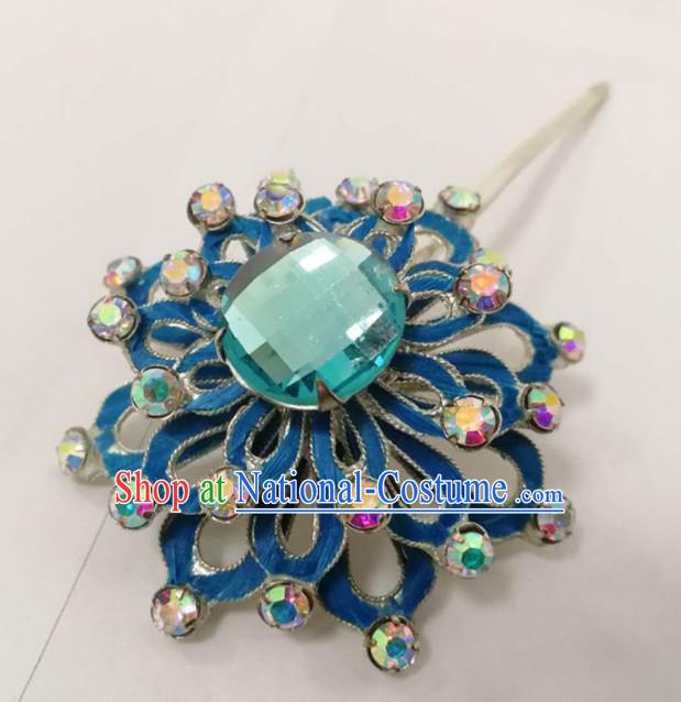 Chinese Traditional Beijing Opera Hair Accessories Ancient Queen Blue Crystal Flower Hairpins for Women