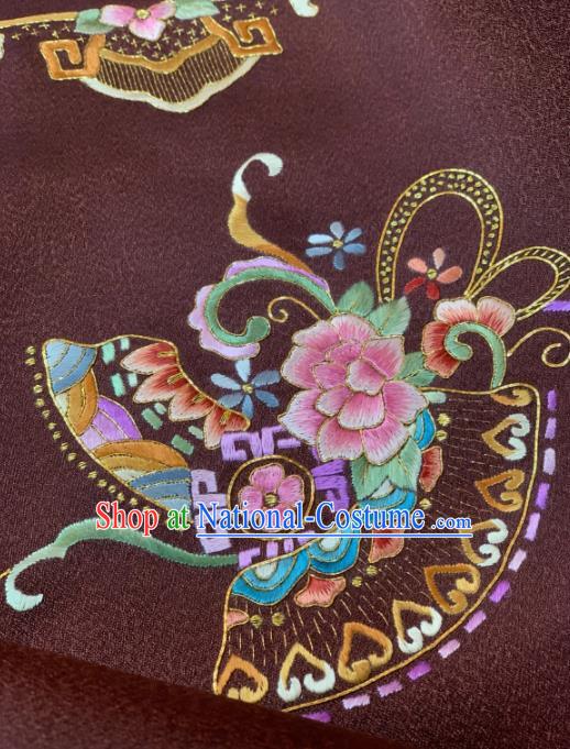 Traditional Chinese Satin Classical Embroidered Peony Pattern Design Brown Brocade Fabric Asian Silk Fabric Material