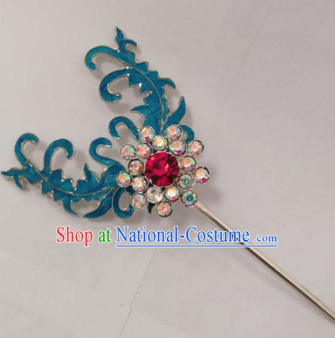 Chinese Ancient Queen Blue Grass Hairpins Traditional Beijing Opera Hair Accessories for Women