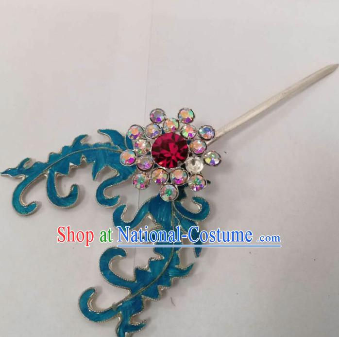 Chinese Ancient Queen Blue Grass Hairpins Traditional Beijing Opera Hair Accessories for Women