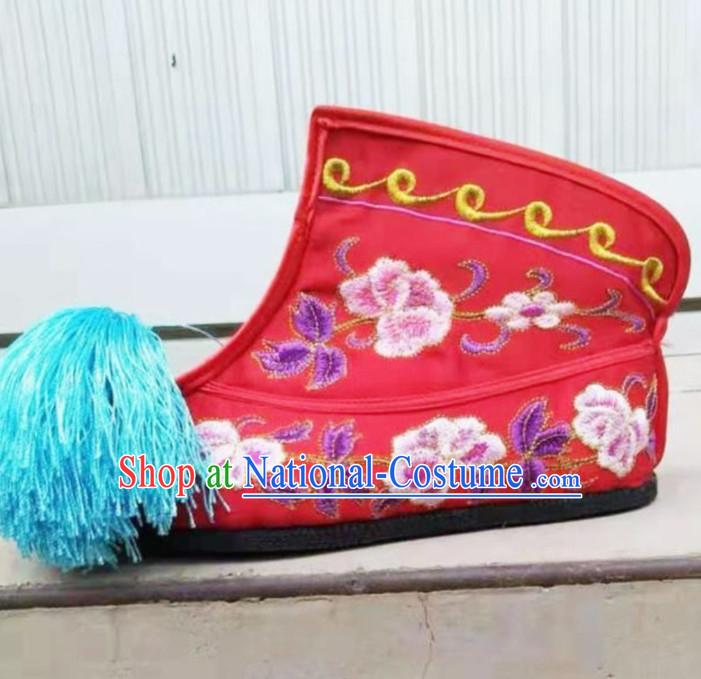 Chinese Traditional Beijing Opera Diva Red Embroidered Boots Ancient Swordswoman Shoes for Women