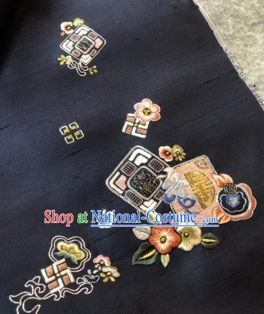 Traditional Chinese Satin Classical Embroidered Flowers Pattern Design Black Brocade Fabric Asian Silk Fabric Material