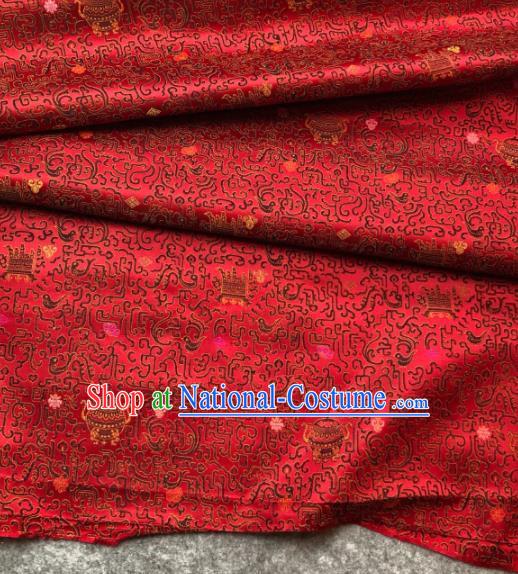 Traditional Chinese Red Satin Classical Censer Pattern Design Brocade Fabric Asian Silk Fabric Material