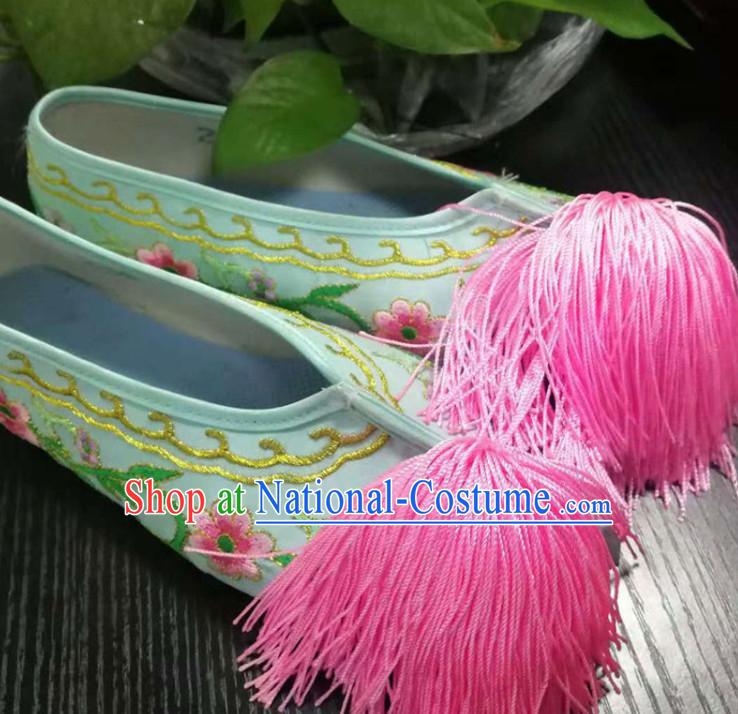 Chinese Traditional Beijing Opera Diva Green Satin Shoes Ancient Princess Hanfu Embroidered Shoes for Adults