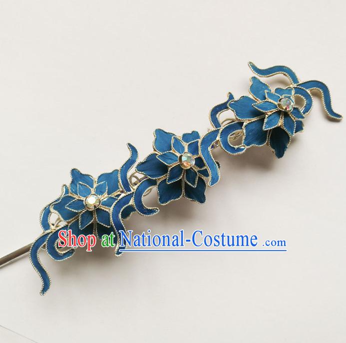 Chinese Ancient Queen Blue Flowers Hairpins Traditional Beijing Opera Diva Hair Accessories for Adults