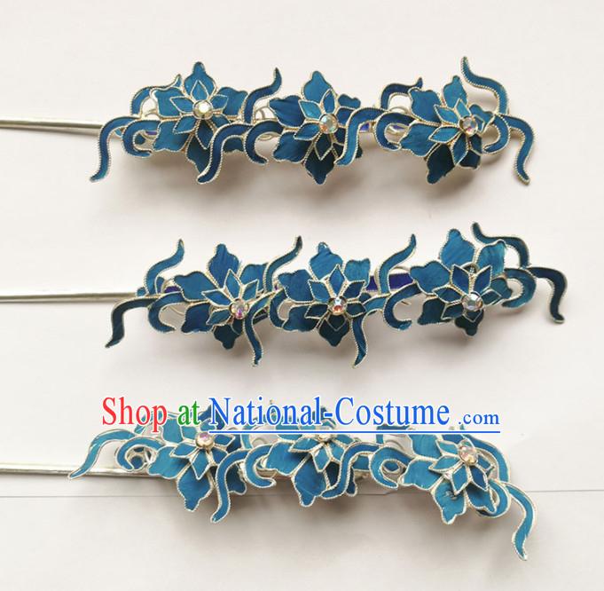 Chinese Ancient Queen Blue Flowers Hairpins Traditional Beijing Opera Diva Hair Accessories for Adults