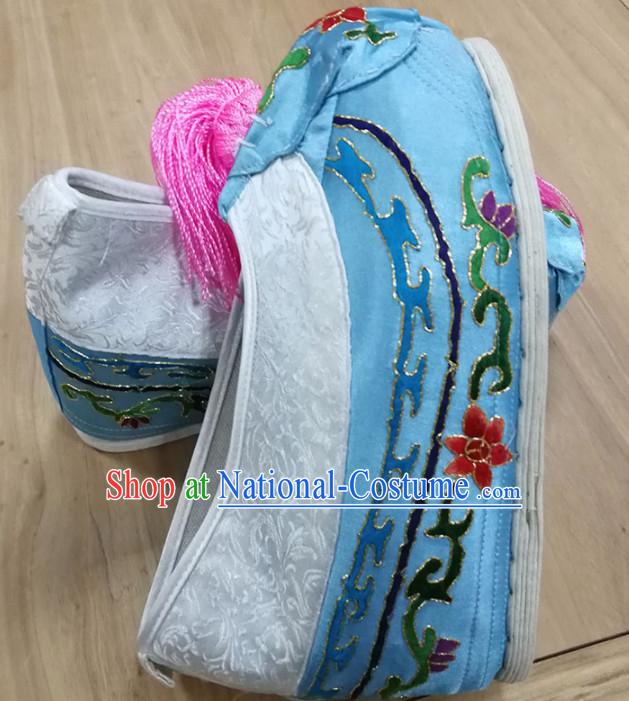 Chinese Traditional Beijing Opera Diva Blue Satin Shoes Ancient Princess Hanfu Embroidered Shoes for Adults