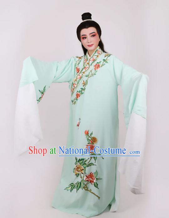 Chinese Traditional Beijing Opera Niche Scholar Embroidered Peony Green Robe Ancient Nobility Childe Costume for Men