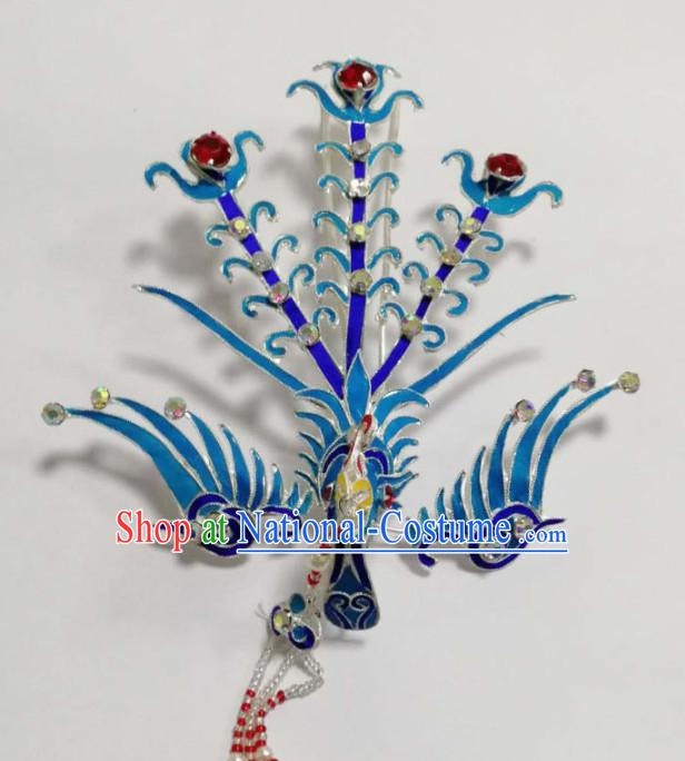 Chinese Ancient Court Princess Blueing Phoenix Hairpins Traditional Beijing Opera Diva Hair Accessories for Adults