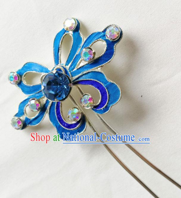 Chinese Ancient Court Princess Blue Crystal Hairpins Traditional Beijing Opera Diva Hair Accessories for Adults