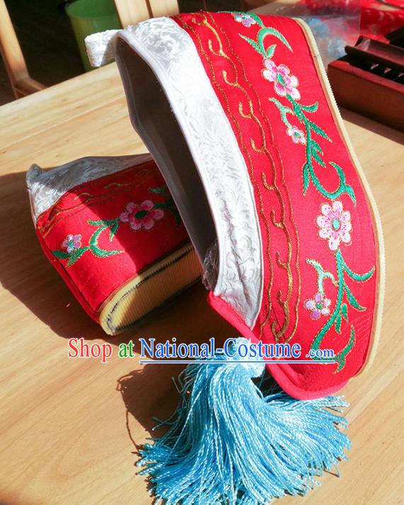 Chinese Ancient Princess Hanfu Red Embroidered Shoes Traditional Beijing Opera Diva Blood Stained Shoes for Adults