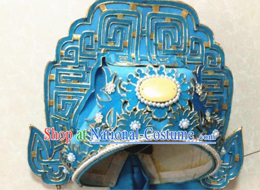 Chinese Ancient Prince Blue Hat Traditional Beijing Opera Niche Headwear Hair Accessories for Adults