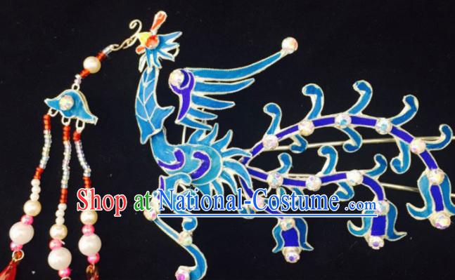 Chinese Ancient Court Princess Blue Phoenix Tassel Hairpins Traditional Beijing Opera Diva Hair Accessories for Adults