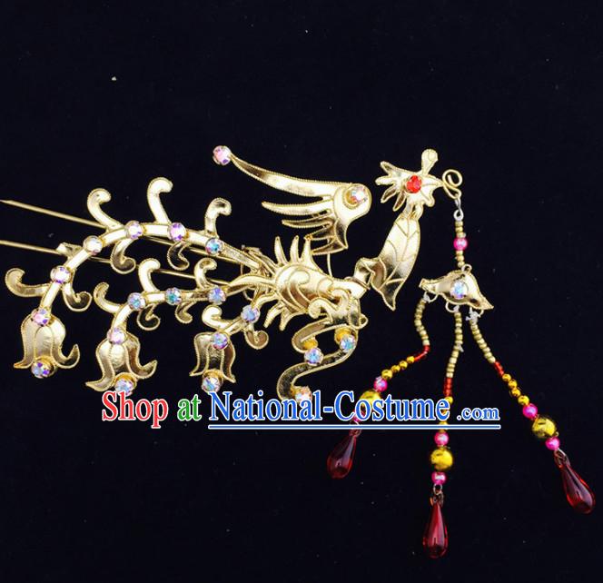 Chinese Ancient Court Princess Golden Phoenix Tassel Hairpins Traditional Beijing Opera Diva Hair Accessories for Adults