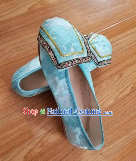 Chinese Ancient Princess Hanfu Embroidered Shoes Traditional Beijing Opera Diva Blue Satin Shoes for Adults