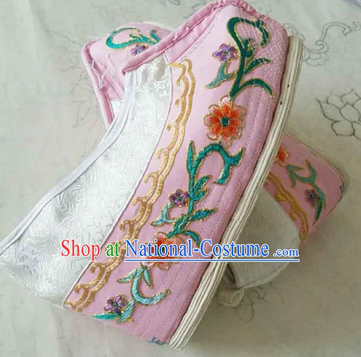 Chinese Ancient Princess Hanfu Embroidered Shoes Traditional Beijing Opera Diva Pink Blood Stained Shoes for Adults