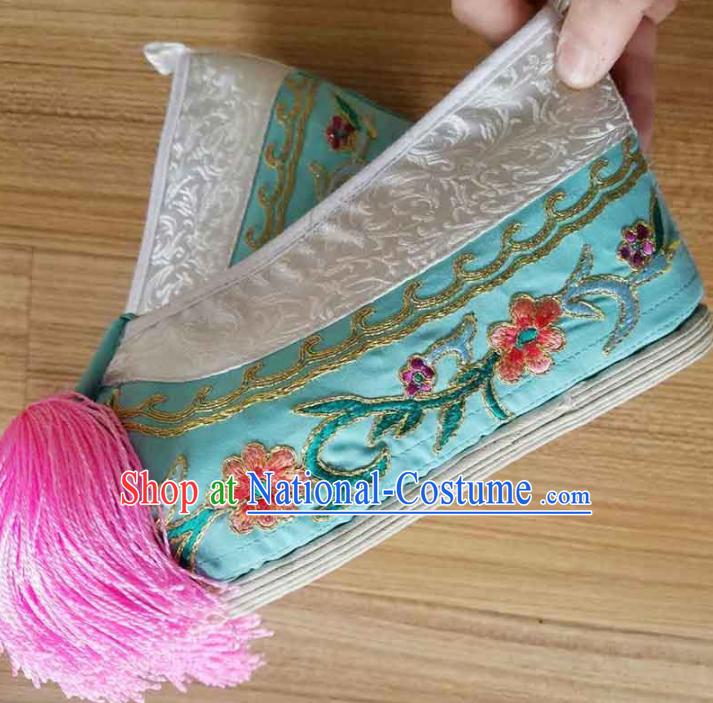 Chinese Ancient Princess Hanfu Embroidered Shoes Traditional Beijing Opera Diva Green Blood Stained Shoes for Adults