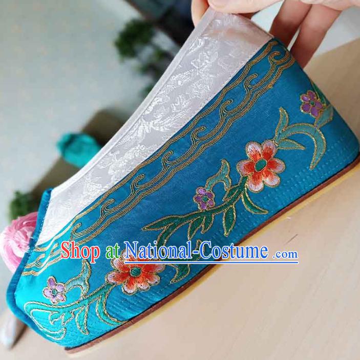 Chinese Ancient Princess Hanfu Embroidered Shoes Traditional Beijing Opera Diva Blue Blood Stained Shoes for Adults