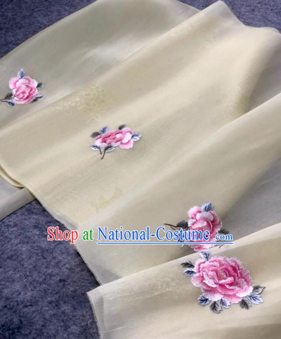 Traditional Chinese Beige Silk Fabric Classical Embroidered Peony Pattern Design Brocade Fabric Asian Satin Material