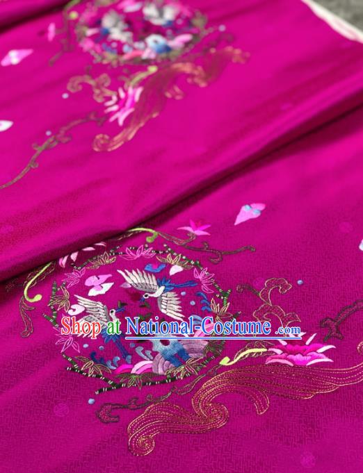 Traditional Chinese Rosy Silk Fabric Classical Embroidered Cranes Pattern Design Brocade Fabric Asian Satin Material