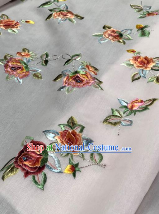 Traditional Chinese White Silk Fabric Classical Embroidered Peony Pattern Design Brocade Fabric Asian Satin Material