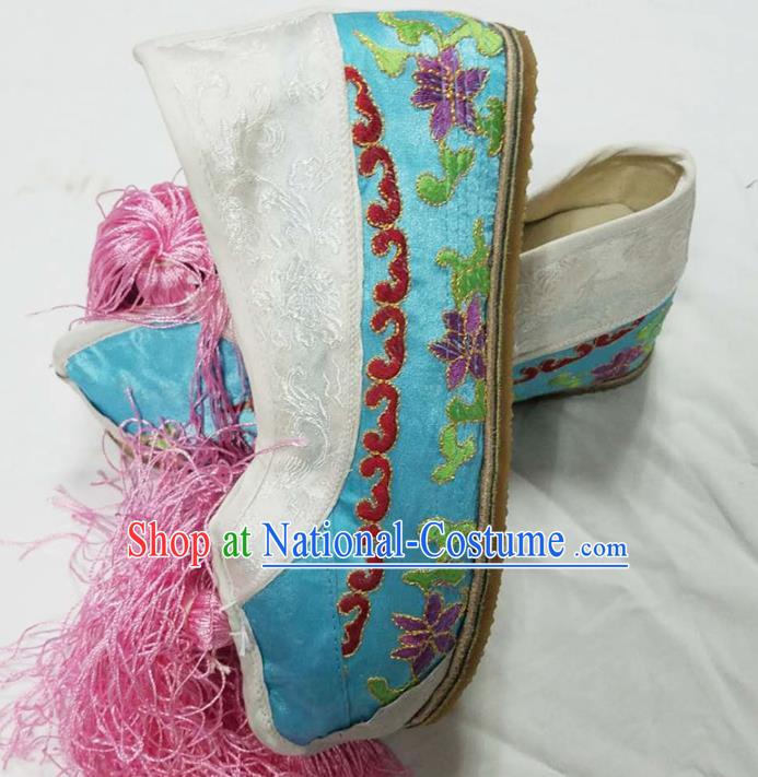 Chinese Ancient Court Princess Hanfu Light Blue Blood Stained Shoes Traditional Beijing Opera Diva Embroidered Shoes for Adults