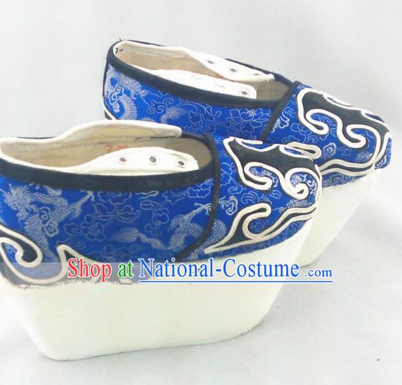 Chinese Ancient Prince Hanfu Blue Satin Shoes Traditional Beijing Opera Niche Embroidered Shoes for Adults