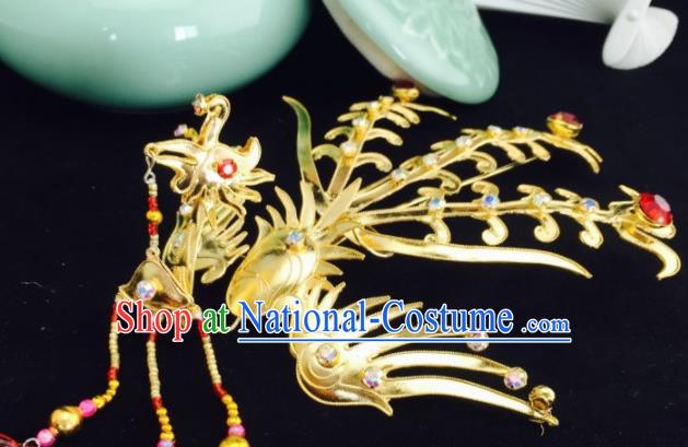 Chinese Ancient Palace Princess Golden Phoenix Hairpins Traditional Beijing Opera Diva Headwear Hair Accessories for Adults