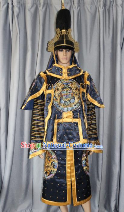 Chinese Traditional Costume Ancient Qing Dynasty Manchu General Helmet and Body Armour for Men