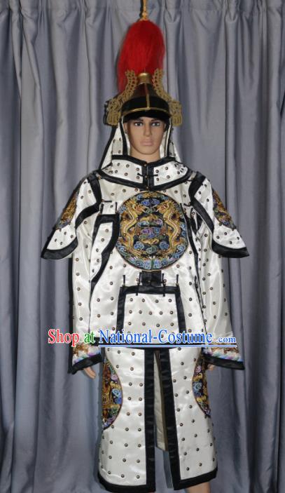 Chinese Traditional White Costume Ancient Qing Dynasty Manchu General Helmet and Body Armour for Men