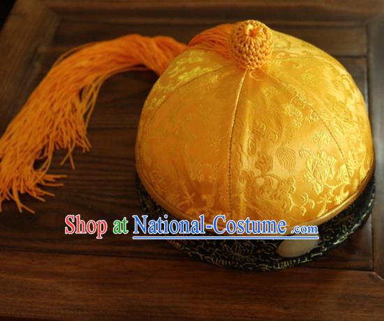 Chinese Ancient Drama Emperor Yellow Hat Traditional Qing Dynasty Manchu Headwear for Men