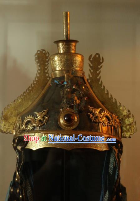 Chinese Ancient Drama Manchu General Helmet Traditional Qing Dynasty Minister Headwear for Men