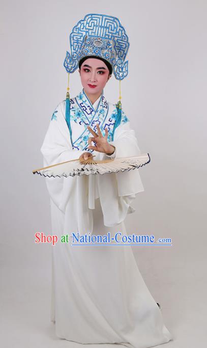 Chinese Traditional Beijing Opera Niche White Robe Ancient Scholar Nobility Childe Embroidered Costume for Men