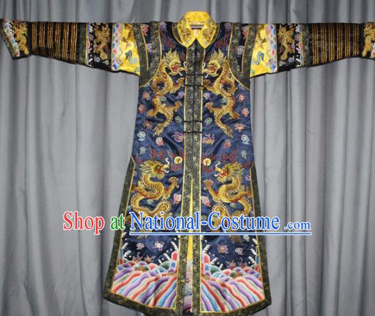 Chinese Traditional Drama Manchu Empress Embroidered Navy Dress Ancient Qing Dynasty Queen Costume for Women