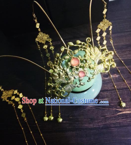 Chinese Ancient Palace Princess Hairpins Golden Tassel Phoenix Coronet Traditional Hanfu Hair Accessories for Women