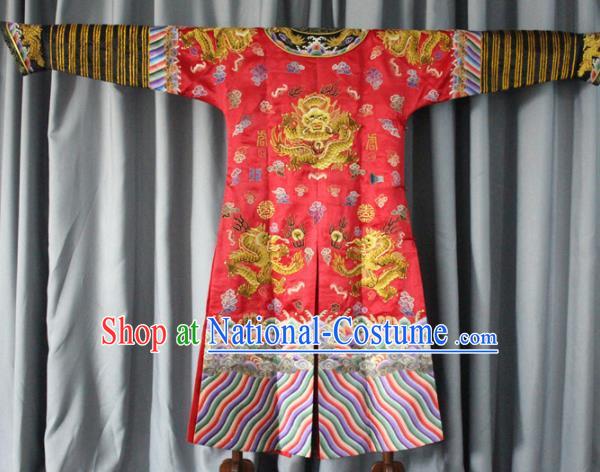 Chinese Traditional Drama Manchu Costume Ancient Qing Dynasty Emperor Red Imperial Robe for Men