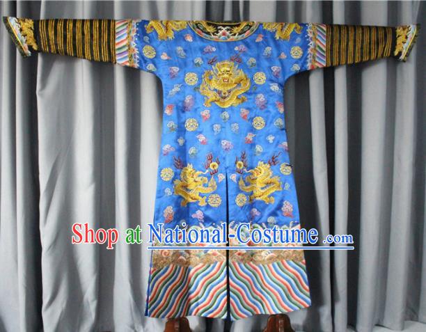 Chinese Traditional Drama Manchu Costume Ancient Qing Dynasty Emperor Blue Imperial Robe for Men