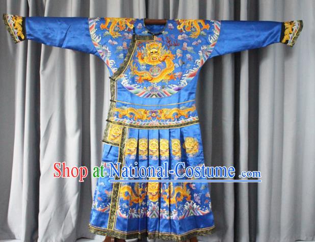 Chinese Traditional Drama Manchu Blue Costume Ancient Qing Dynasty Emperor Imperial Robe for Men