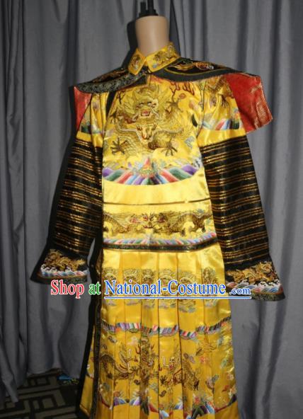 Chinese Traditional Drama Manchu Golden Silk Costume Ancient Qing Dynasty Emperor Imperial Robe for Men