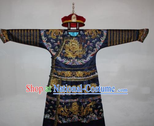 Chinese Traditional Drama Manchu Navy Silk Costume Ancient Qing Dynasty Emperor Imperial Robe for Men