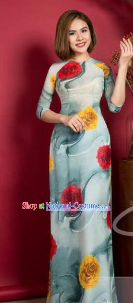 Asian Vietnam Traditional Printing Light Blue Dress Vietnamese Classical Ao Dai Cheongsam for Women