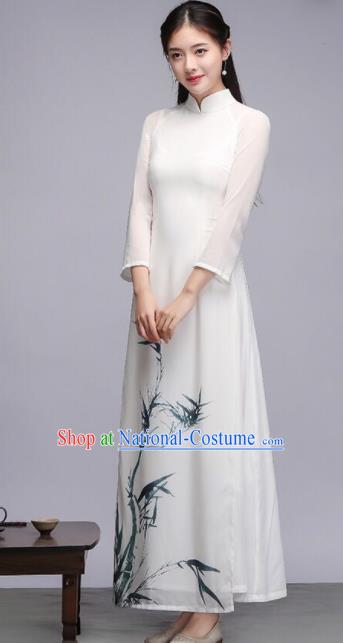 Asian Vietnam Traditional Printing Bamboo White Dress Vietnamese Classical Ao Dai Cheongsam for Women