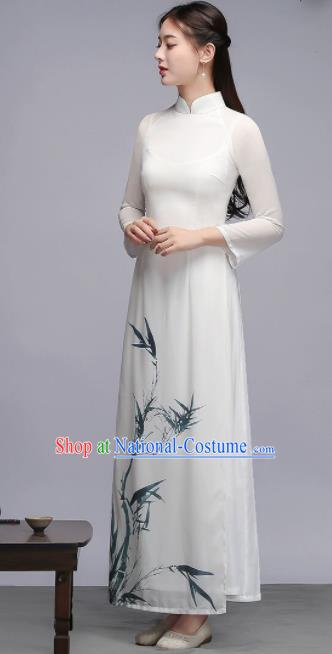 Asian Vietnam Traditional Printing Bamboo White Dress Vietnamese Classical Ao Dai Cheongsam for Women