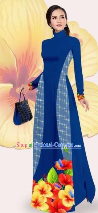 Asian Vietnam Traditional Printing Navy Dress Vietnamese Classical Ao Dai Cheongsam for Women