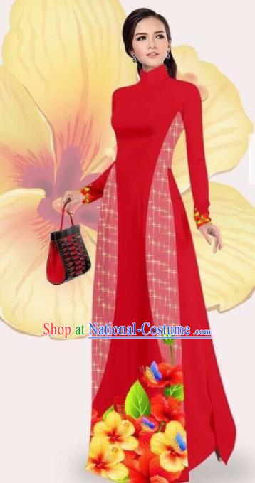 Asian Vietnam Traditional Printing Red Dress Vietnamese Classical Ao Dai Cheongsam for Women