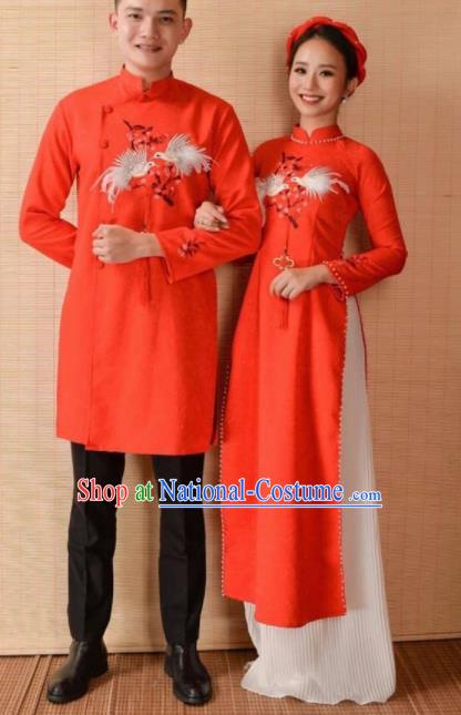 Asian Vietnam Traditional Wedding Costumes Vietnamese National Bride and Bridegroom Ao Dai Cheongsam Complete Set