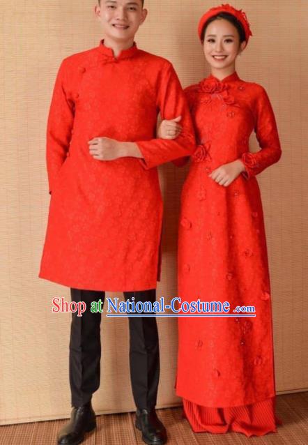 Asian Vietnam Traditional Wedding Red Costumes Vietnamese National Bride and Bridegroom Ao Dai Cheongsam Complete Set