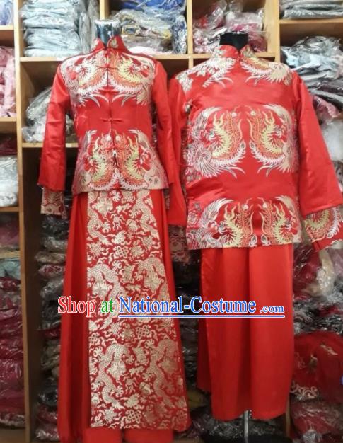 Asian Vietnam Traditional Wedding Red Costumes Vietnamese National Bride and Bridegroom Ao Dai Clothing Complete Set